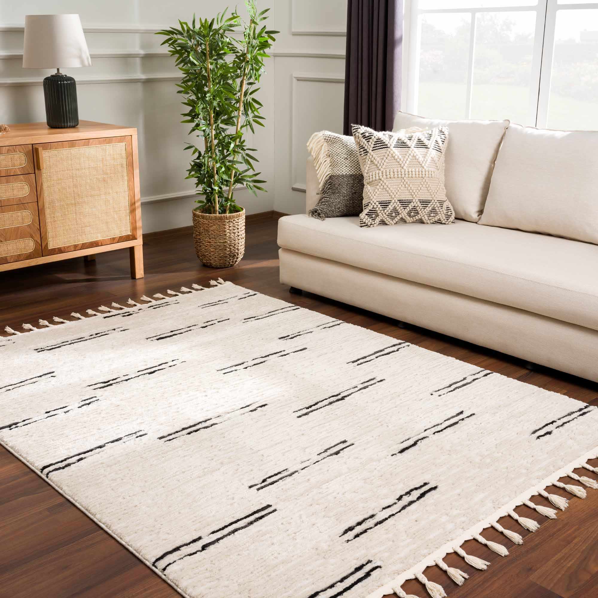 Riad Black Striped White Rug with Tassels - Image 13